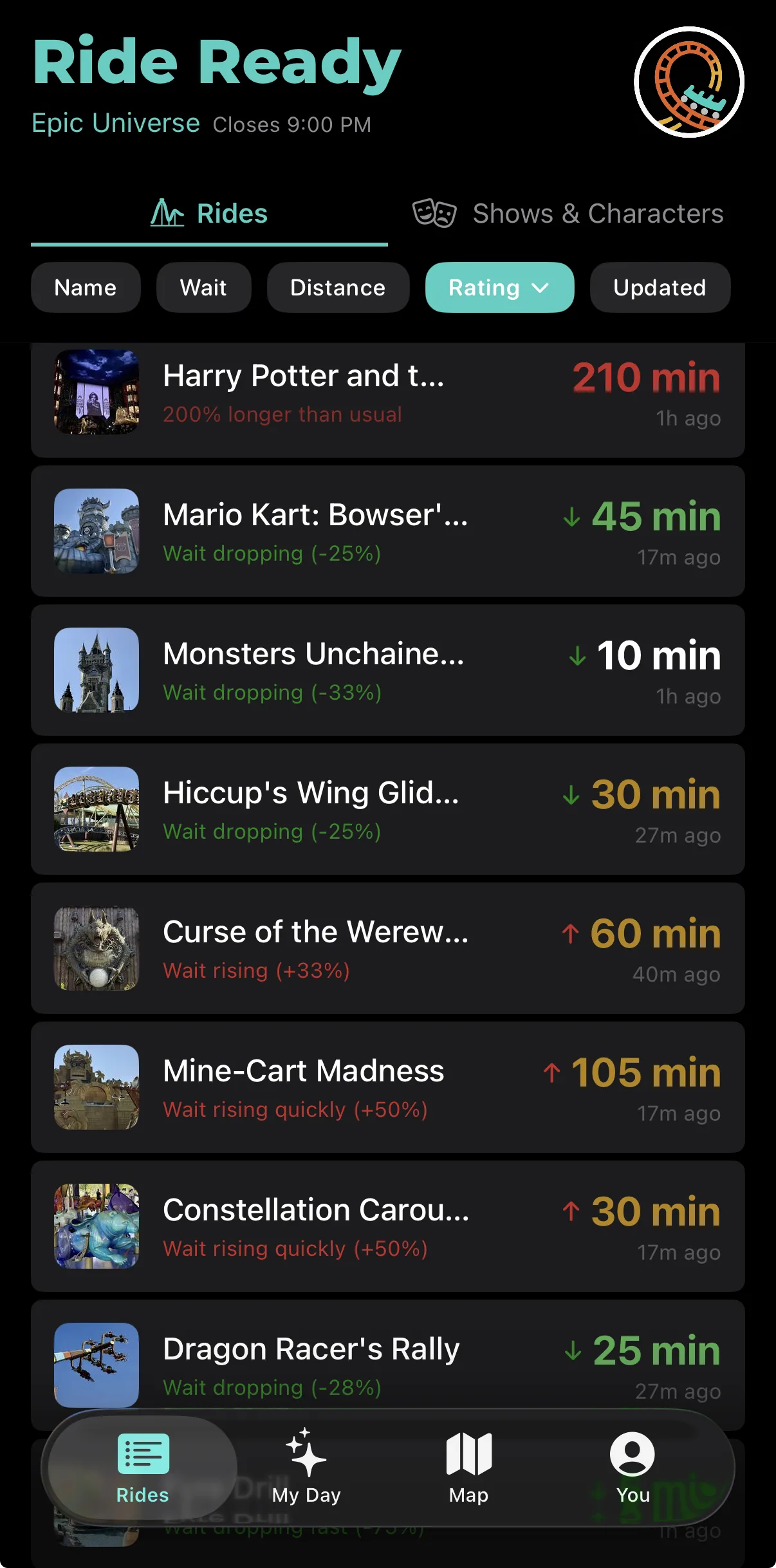 Ride Ready rides list with live wait times